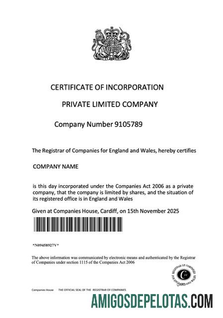 Certificado de constituição de uma empresa privada limitada no Reino Unido para impressão, modelo Word e PDF, versão 2